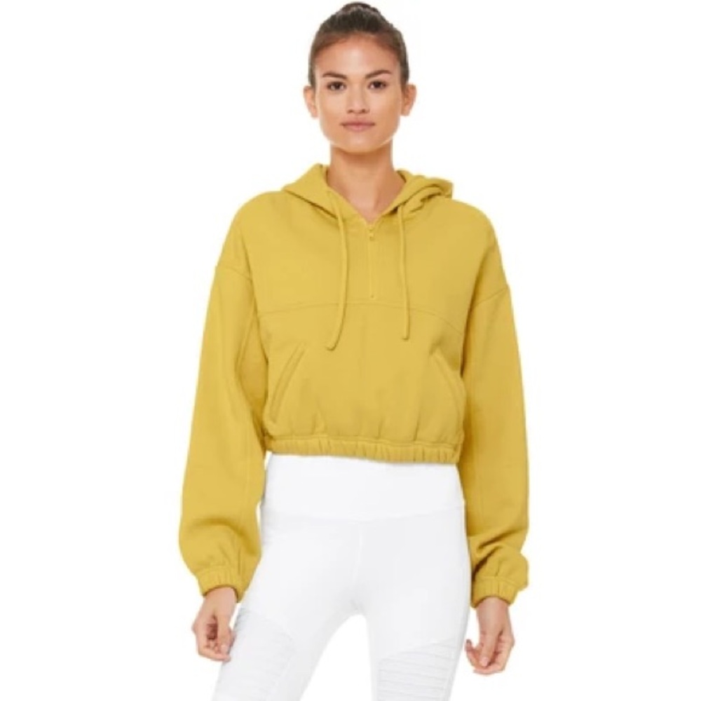 Alo Yoga Stadium Half Zip Cropped Sweatshirt Women's Yellow Hoodie Size Large